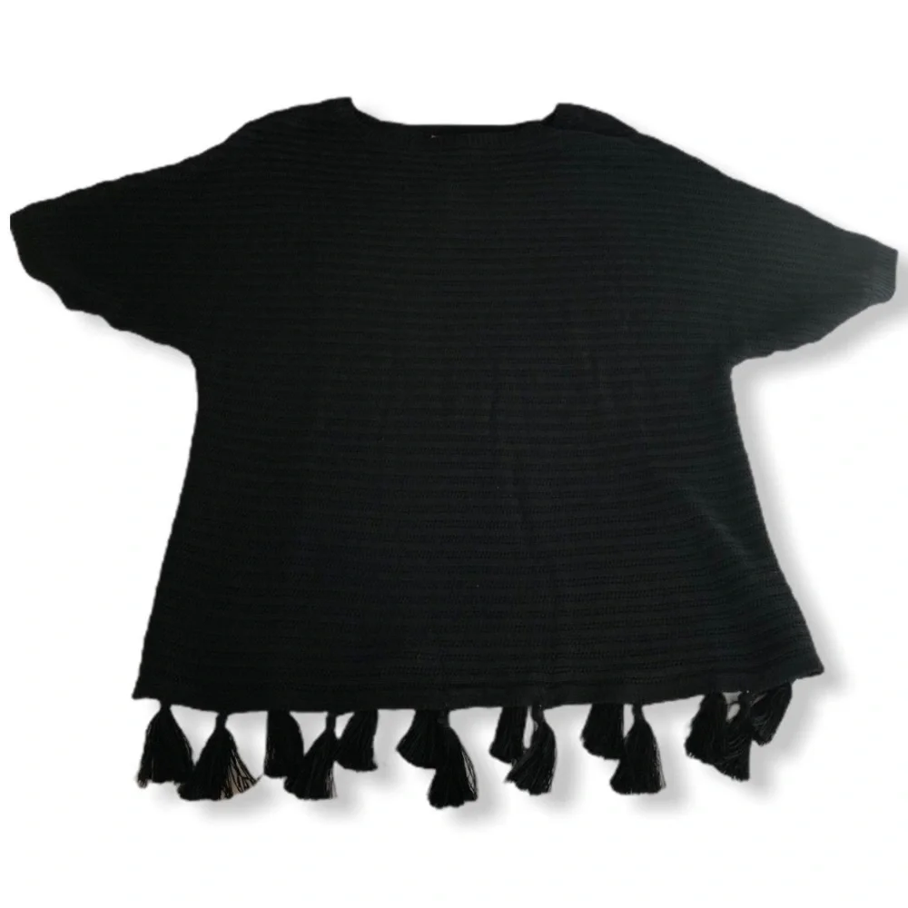 Catherine Malandrino Black Knit Tassel Fringe Pullover Top Size Large NEW - Picture 4 of 12